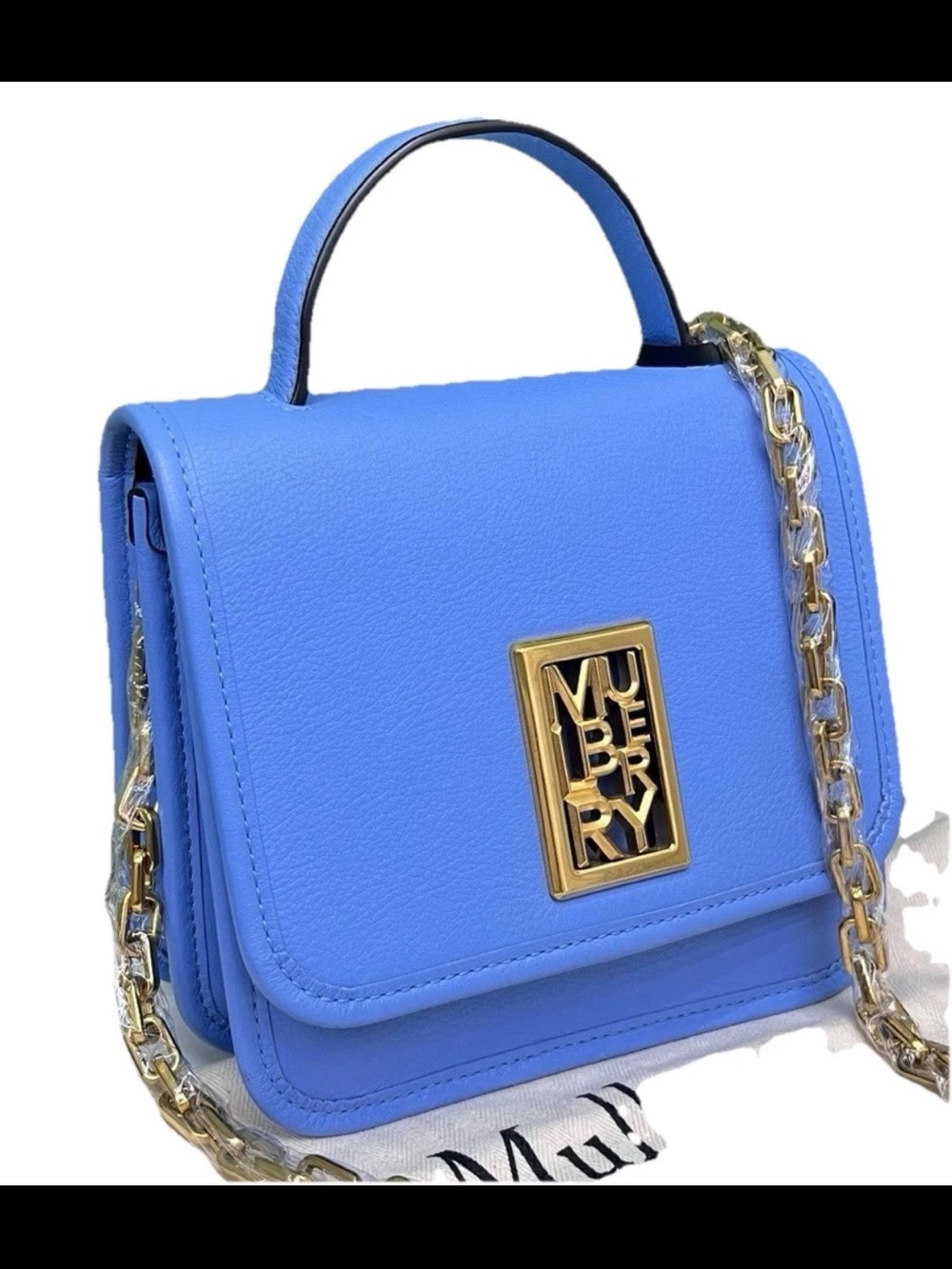 Mulberry Sky Blue Leather Crossbody with Gold Chain
